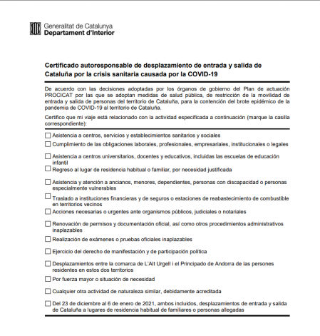 Certificado de autorresponsabilidad elaborado por el Gobierno de Catalunya para justificar los desplazamientos