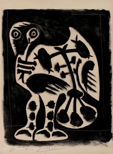Pablo Picasso, El gran búho, 1948, litografía en la muestra de Münster en la que el artista malagueño dialoga con la obra de Joan Miró.