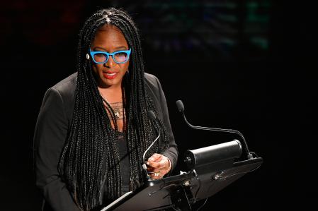 NEW YORK, NEW YORK - FEBRUARY 29: Alicia Garza speaks onstage as Audible presents: 