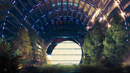 Uno de las amplias avenidas interiores, excavadas dentro de la tierra, con vegetación abundante de la futura ciudad de Nüwa