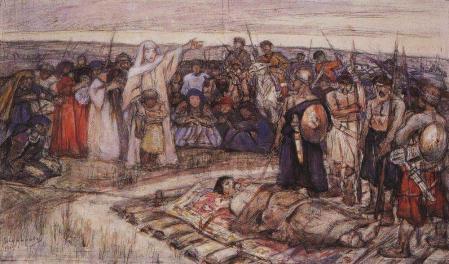 La princesa Olga encuentra el cuerpo del príncipe Igor, boceto de Vasily Surikov (1915).