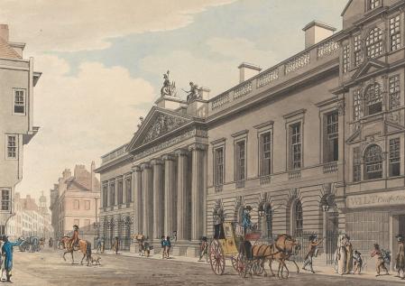 La Casa de las Indias Orientales, sede de la compañía en Londres. Acuarela sobre aguafuerte de Thomas Malton, c. 1800.