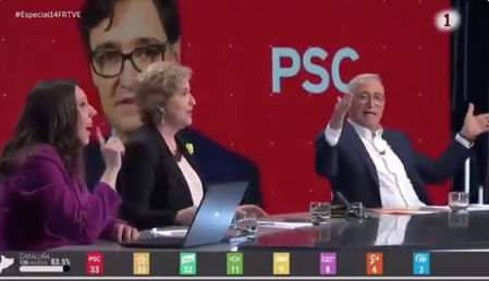 Pilar Rahola y Xavier Sardà durante el debate sobre las elecciones catalanas en TVE