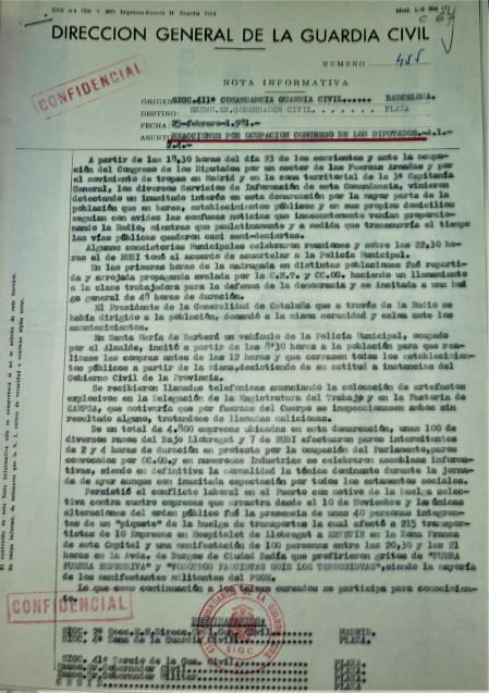 Informe de la Guardia Civil sobre los acontecimientos en el día posterior al 23-F localizados por el historiador Jaume Claret