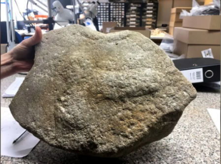 Detalle de la piedra de molino encontrada durante las obras de mejora de la carretera A17 cerca de Cambridge