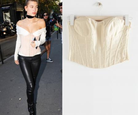 Hailey Baldwin lleva un look muy a lo Bridgerton. A la derecha, bustier beis de & Other Stories (59 euros)