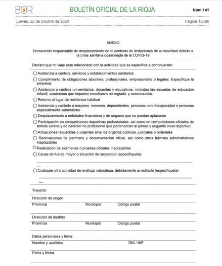 Certificado de autorresponsabilidad elaborado por el Gobierno de La Rioja para desplazamientos autorizados