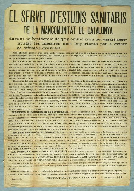 Cartel de la Mancomunitat de Catalunya con recomendaciones sobre la gripe