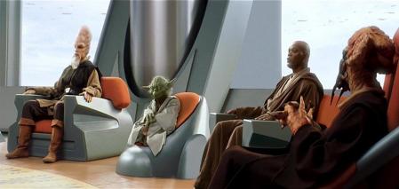 Los maestros Ki-Adi-Mundi, Yoda, Mace Windu y Plo Koon en la sala del Consejo Jedi, en una imagen de 'SW Episodio II El ataque de los clones' (2002), de George Lucas