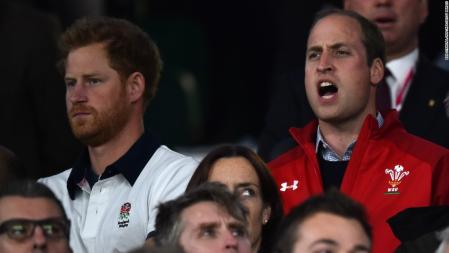 Los príncipes Enrique y Guillermo durante el Inglaterra-Gales que se disputó en el Mundial de Rugby del 2015