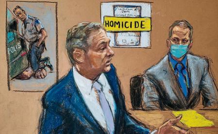 Prosecutor Steven Schleicher makes closing arguments during the trial of former Minneapolis police officer Derek Chauvin (R) for second-degree murder, third-degree murder and second-degree manslaughter in the death of George Floyd in Minneapolis, Minnesota, U.S. April 19, 2021 in this courtroom sketch. REUTERS/Jane Rosenberg