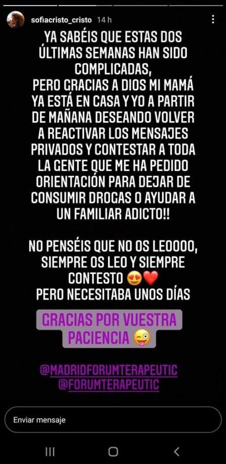 El mensaje que ha escrito Sofía Cristo en su Instagram