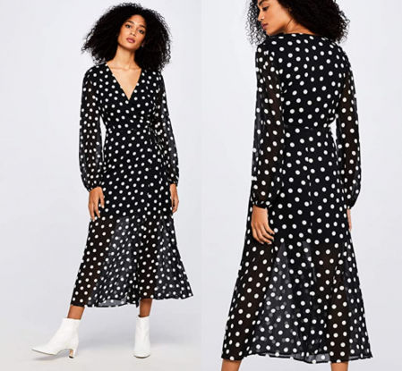 Vestido midi cruzado de lunares con mangas