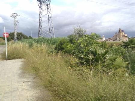 Área abandonada, con mala hierba, en La Punta y con la iglesia al fondo