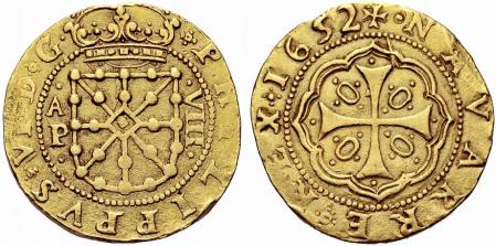 Reverso y anverso de los “ocho escudos” de Pamplona, moneda acuñada en 1652