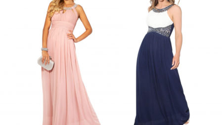 Vestidos largos con cintura ceñida, falda evasé de gasa y detalles en pedrería