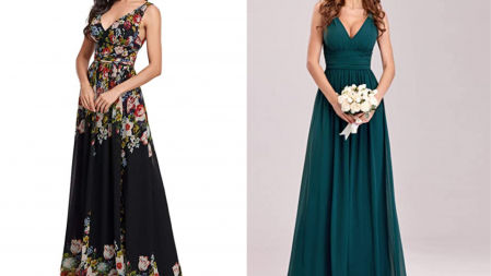 Vestido liso o floral vaporoso con escote en v y fajín ancho a la cintura