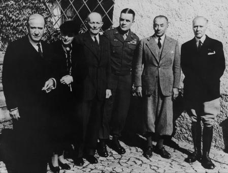UNSPECIFIED - CIRCA 1945:  From Left To Right, Edouard Daladier, Mrs. Weygand, General Maxime Weygand, American General Anthony Mac Auliffe, French Politician Paul Reynaud And French General Maurice Gamelin After Being Released From Itter Castele Intyrol In 1945.  (Photo by Keystone-France/Gamma-Keystone via Getty Images)