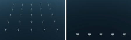 La diferencia entre un parque eólico convencional y uno con el sistema Wind Catching para producir la misma cantidad de energía.