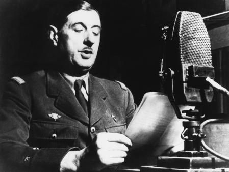 General Charles de Gaulle issues a call (appel) to the French people from London, England, June 18, 1940, just after the Nazi occupation of France. De Gaulle led the Free French Forces from London and later from Algiers throughout the occupation, and returned to Paris on its liberation in September 1944. (Photo by © Hulton-Deutsch Collection/CORBIS/Corbis via Getty Images)