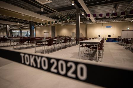 TOKYO, JAPAN - JUNE 20: A general view of main dining hall during the Olympic and Paralympic Village media tour on June 20, 2021 in Tokyo, Japan. About a month before the opening ceremony of the Tokyo 2020 Olympic Games, preparations for the games are progressing in various places including the athlete village, however, opponents are continuing protests over the situation of COVID-19 and operation costs. (Photo by Takashi Aoyama/Getty Images)