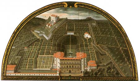 Bóveda pintada en 1599 por Giusto Utens que reproduce el Palacio Pitti original, los Jardines de Boboli y el anfiteatro.