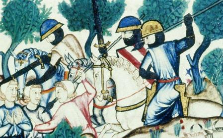 Caballería y peones luchando en una zona boscosa en una miniatura de las 'Cantigas de Santa María', del rey Alfonso X el Sabio (1252-1284).