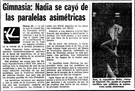 Noticia sobre la caída de Nadia Comaneci en 1980.