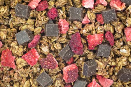 Muesli, frutas y chocolate