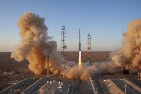 In this photo provided by Roscosmos Space Agency Press Service, a Proton-M booster rocket carrying the Nauka module blasts off from the launch pad at Russia's space facility in Baikonur, Kazakhstan, Wednesday, July 21, 2021. Russia has successfully launched a long-delayed lab module for the International Space Station. The module is intended to provide more room for scientific experiments and space for the crew.