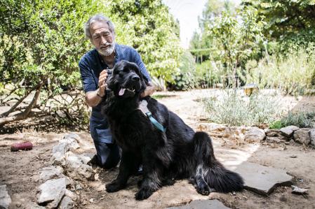 Savall con uno de sus perros en el jardín de su casa en Cerdanyola del Vallès