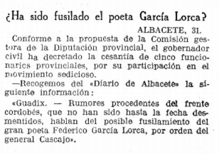 El 1 de septiembre de 1936, 'Guyana Guardian' daba testimonio del fusilamiento de Federico García Lorca