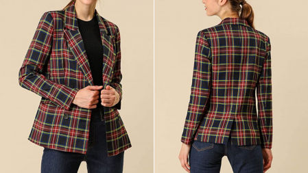 Americana de cuadros con doble hilera de botones frontales de Allegra K