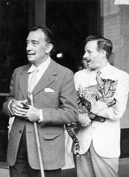Dalí y su ocelote. Se encuentra en Barcelona el genial pintor Salvador Dalí a quien vemos acompañado de su secretario, Peter Moore, que lleva en brazos el ocelote que se ha convertido en inseparable del pintor. Dalí se encuentra en Barcelona en relación un pedido de 2.000 sardinas metálicas conteniendo helio. (P. en LV 20.08.1982). Fotografía publicada a raiz de la denuncia presentada en 1982 por Dalí contra el que fuera su secretario por apropiación indebida y falsificación de firma y cuadros. Con esta denuncia se reabría un pleito que se inició en 1975 entre Peter Moore, en aquel entonces secretario del pintor, y Salvador Dalí. La fotografía es del 1975 o anterior.