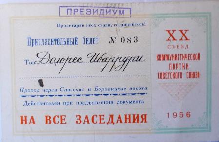 Invitación de Dolores Ibárruri para asistir al histórico XX Congreso del Partido Comunista de la Unión Soviética, en 1956.