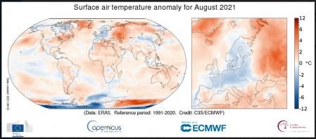 Mapamundi de anomalías térmicas en superficie en agosto de 2021, respecto al promedio del período 1991-2020  .