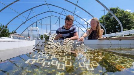 El científico postdoctoral del WHOI Taylor Nelson (izquierda) y la estudiante de doctorado Anna Walsh examinan los plásticos expuestos a la luz solar en las instalaciones experimentales al aire libre del WHOI.