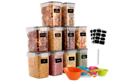 Juego de 10 tuppers de plástico con tapa, 4 medidores y 24 etiquetas reutilizables