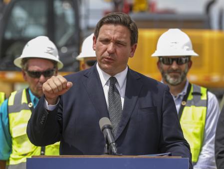 Florida Gov. Ron DeSantis speaks during a news conference Monday, Sept. 13, 2021 in Tampa. Gov. DeSantis spoke about the continued Howard Franklin Bridge expansion project and the fast-tracking of other area roadway projects.