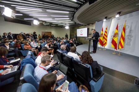 Rueda de prensa en el palacio de la Moncloa por el president de la Generalitat, Quim Torra y Aragonés, completan la delegación catalana los consellers Jordi Puigneró , Alfred Bosch, los diputados Elsa Artadi, Marta Vilalta , Josep Maria Jové , Josep Rius.