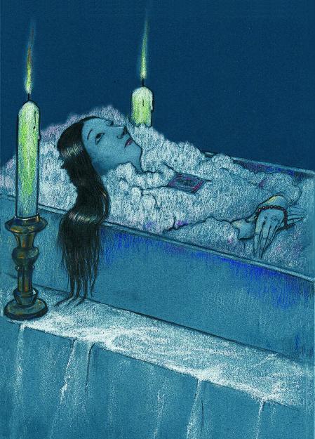 La luz de las velas, los ojos abiertos, el vestido y la cabellera, sedosa, resbalando fuera del ataúd... la ilustración para 'La resucitada'