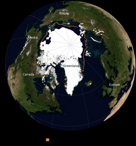 Superficie cubierta de hielo el 16 de septiembre de 2021, en línea roja la media de las últimas tres décadas  .
