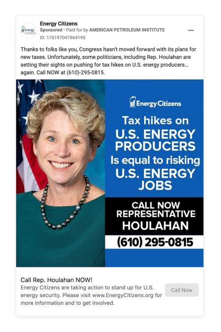 Captura de uno de los anuncios que la industria de energías fósiles ha publicado en Facebook para presionar a los parlamentarios demócratas