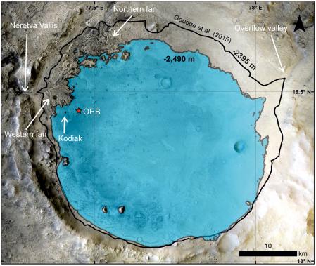 Representación del paleolago dentro del cráter Jezero en el momento de la deposición de los sedimentos de Kodiak. El sombreado azul indica el supuesto nivel del lago llenado hasta el contorno gris de -2490 m siguiendo la elevación superior deducida de la arquitectura deltaica en Kodiak.