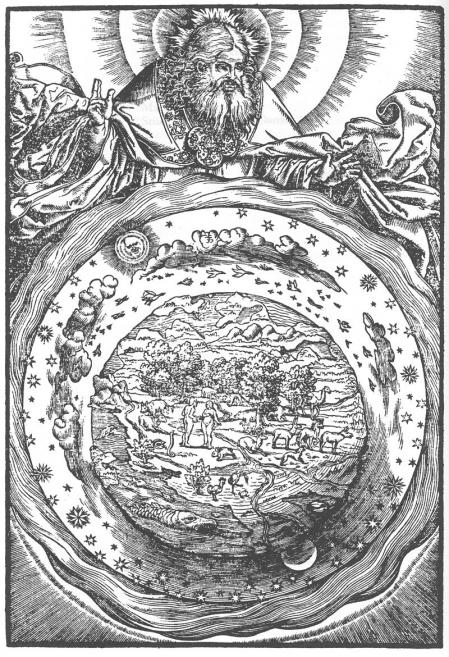 Ilustración de la Biblia de Lutero, que incluye la traducción del Nuevo Testamento de Erasmo, donde se muestra el sistema ptolemaico.