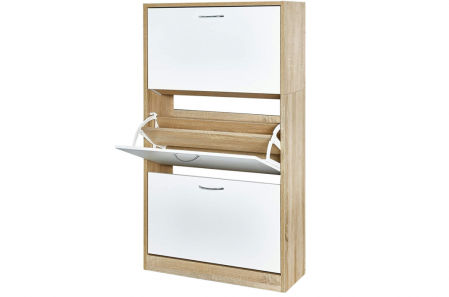 Zapatero de madera de 3 puertas blanco y marrón pino