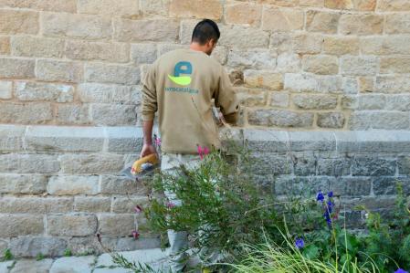 Restaurando las junturas de la fachada de la iglesia de Pedralbes.