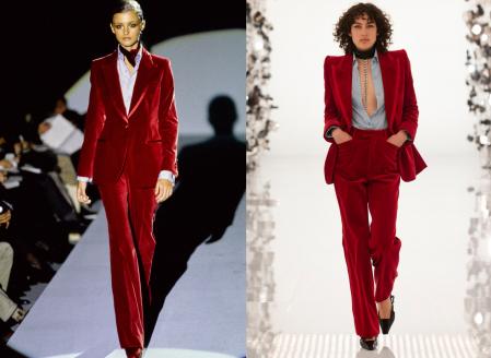 A la izquierda, traje de la colección de otoño 1996/97 diseñado por Tom Ford , y a la derecha, nueva versión del traje de la colección Resort 2022 diseñado por Alessandro Michele