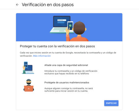 Primer paso para activar la verificación en dos pasos de Google