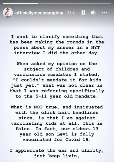 Matthew McConaughey ha aclarado con este escrito su postura